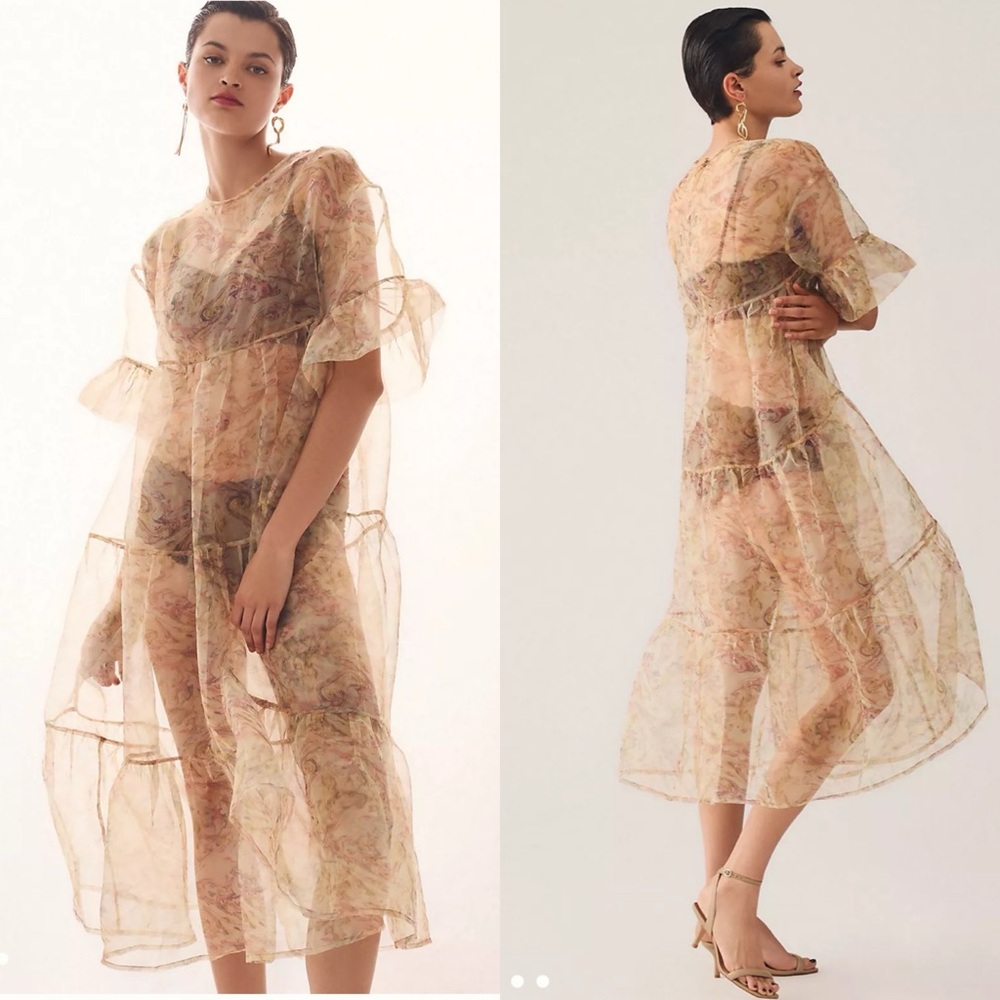 Anthropologie Tiered Sheer Printed Flutter Sleeve Dress